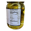 A 16 oz DDR BBQ Supply Bread & Butter Pickles Pint jar showcases sweet and tangy pickles in brine, with a visible nutrition facts label showing 30 calories per serving, set against a white background.