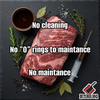 A large piece of raw beef next to a Butcher BBQ Budget Meat Injector with text overlays stating no cleaning, no O-rings to maintain, and no maintenance required.