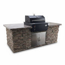 Outdoor kitchen setup featuring the Smokin Brothers Premier Plus Built-In Pellet Grill with Kit, stone base, stainless steel double doors, black lid, and polished countertop, isolated on a white background.