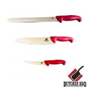 DDR BBQ Supply Butcher BBQ knife set featuring a 12-inch slicer, 10-inch chef knife, and 6-inch boning knife.