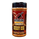 DDR BBQ Supply Butcher BBQ Queen Bee honey BBQ seasoning rub in a 12 oz shaker bottle with a red and black label.