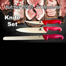 DDR BBQ Supply Butcher BBQ knife set featuring a boning knife, chef knife, and brisket slicer with red nylon handles.