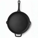 DDR BBQ Supply black porcelain-coated cast iron frying pan with pour spouts and ergonomic handle.