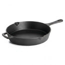 DDR BBQ Supply large black cast iron frying pan with ergonomic handle and pour spouts.