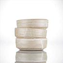 DDR BBQ Supply handmade ceramic shave bowls stacked vertically, featuring a rustic beige finish for soap pucks.