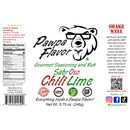 Label for Pawpa Flavor LLC’s SabrOso Chili Lime Seasoning & Rub, featuring a bear with sunglasses, nutrition facts, awards, usage instructions, ingredients list, and social media links on a white background. Experience the bold zesty citrus flavor of this Chili Lime Rub—ideal for bringing vibrant excitement to all your favorite dishes.