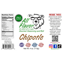 Here’s your rewritten sentence using the provided product data: White label for Pawpa Flavor LLC’s Pawpa Flavor All Flavor Chipotle No Salt/No Sugar Seasoning & Rub, featuring a bear mascot, nutrition facts, various certifications, product description, and social media icons. Showcasing our signature smoky chipotle rub made with only 6 ingredients and absolutely no added salt or sugar—enjoy bold flavor from a seasoning you can trust.