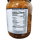 A close-up of a DDR BBQ Supply Chipotle Tomatillo Salsa (Medium) Pint – 16 oz jar with a nutrition facts label shows 0 calories per 2-tablespoon serving. The chunky orange salsa hints at smoky chipotle flavor, ideal for any BBQ supply collection.