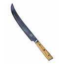 DDR BBQ Supply Spaceman Knives Interstellar butcher scimitar with a 10.5-inch Damascus steel blade and olive wood handle.