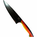 The Spaceman Knives EM Wave Chef Knife by Spaceman Knives features a dark, patterned Damascus steel blade and a red, yellow, and green gradient handle—ideal for professional kitchens—shown on a white background.