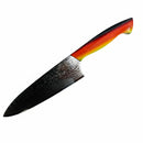 The Spaceman Knives EM Wave Chef Knife by Spaceman Knives features a patterned Damascus steel blade and a smooth red-to-yellow fade handle, set against a white background—ideal for any professional kitchen.