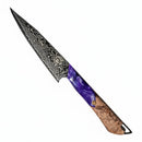The Spaceman Knives Gravity Series Utility Knife by Spaceman Knives features a patterned AUS-10 Damascus steel blade and a distinctive wood and swirled purple resin handle, shown on a white background.