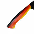 The Spaceman Knives EM Wave Chef Knife features a sleek handle with a gradient from black to red, orange, and yellow—perfect for any professional kitchen. Displayed against a white background.
