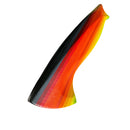 A surfboard fin with a sleek, curved shape and a vibrant red, orange, yellow, and black gradient—echoing the bold Damascus steel pattern of the Spaceman Knives EM Wave Chef Knife by Spaceman Knives—set against a white background.