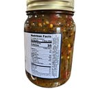 DDR BBQ Supply Five Amigos Fire Roasted Pepper Salsa (Hot) comes in a 16 oz glass jar with a metal lid. The white nutrition label lists 35 calories per 2-tbsp serving. Visible spices and pepper pieces highlight its chunky, bold flavor.