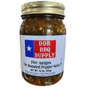 DDR BBQ Supply Five Amigos Fire Roasted Pepper Salsa (Hot) comes in a 16 oz glass jar with a gold lid and blue-and-white Texan flag label. This smoky hot salsa is perfect for those who love bold flavors.