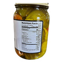A 16 oz DDR BBQ Supply Garden Medley Pickles Pint features a metal lid, yellow and green veggies in brine for a crunchy snack, and a nutrition label showing 0 calories per serving.