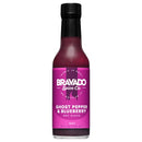 A 5 fl oz (148 ml) bottle of Bravado Spice Co Ghost Pepper & Blueberry Hot Sauce by Bravado Spice Co, with a purple label, black cap, and bold white text highlighting its intense heat from ghost peppers—famously featured on Hot Ones Season 3.