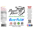 Label for Pawpa Flavor Gone Fishin’ Seafood Seasoning & Rub by Pawpa Flavor LLC, featuring a bear wearing sunglasses. Includes nutrition facts, and icons for gluten-free, low sodium, and vegan. Features product information, social media details, and instructions to shake well before use. Enjoy the bold flavors of this low sodium seasoning on all your favorite seafood dishes!.