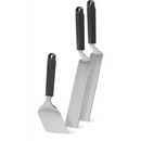 DDR BBQ Supply Napoleon 3-piece stainless steel griddle tool set with two spatulas and one scraper with black handles.