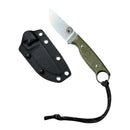 The Spaceman Knives Halimede Fixed Blade Knife features a green Micarta handle and black lanyard, shown beside its black six-hole sheath from Spaceman Knives, both displayed on a white background.