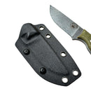 The Spaceman Knives Halimede Fixed Blade Knife with a textured Micarta handle is shown beside a black molded Kydex sheath, featuring multiple rivets and screws for secure attachment.