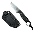 The Spaceman Knives Halimede Fixed Blade Knife by Spaceman Knives, featuring D2 steel and a black Micarta handle with lanyard hole, is displayed beside a black sheath with rivet holes on a white background.