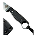 Close-up of the Spaceman Knives Halimede Fixed Blade Knife by Spaceman Knives, featuring a D2 steel blade, black Micarta handle with lanyard hole and paracord loop; partial black sheath with metal rivets visible in lower left.