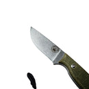 A close-up of the Spaceman Knives Halimede Fixed Blade Knife by Spaceman Knives, featuring a green textured Micarta handle and a stonewashed D2 steel blade with a round logo near the handle, set against a plain white background.