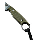 Close-up of the Spaceman Knives Halimede Fixed Blade Knife handle, featuring a textured green Micarta grip, two metal rivets, a lanyard hole with black paracord loop, and a partially visible D2 steel blade.