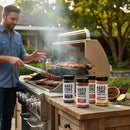 DDR BBQ Supply Hardcore Carnivore BBQ Rub Sampler Set featuring six different seasonings: Black, Amplify, Camo, Tex-Mex, Red, and Sweet.