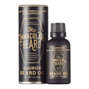 DDR BBQ Supply Immaculate Beard Sunrise beard oil in a black glass bottle with matching cylindrical packaging.