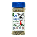 DDR BBQ Supply Pawpa Flavor Mama Mia Italian seasoning blend in a clear shaker bottle with a blue lid.