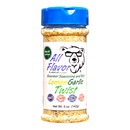 DDR BBQ Supply Pawpa Flavor Lemon Garlic Twist seasoning in a clear plastic bottle with a blue cap.
