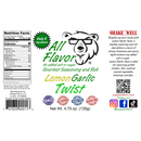 DDR BBQ Supply Pawpa Flavor Lemon Garlic Twist seasoning label featuring a bear logo and nutritional information.