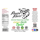 Product label for Pawpa Flavor Lemon Garlic Twist Rub & Seasoning by Pawpa Flavor LLC, featuring a bear with sunglasses. Highlights nutritional information, usage instructions, and icons indicating low sodium rub, vegan, and gluten-free. Social media handles included. Perfect as a vibrant lemon garlic seasoning to add a zesty twist to any dish!.
