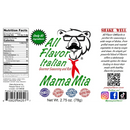 DDR BBQ Supply Pawpa Flavor Mama Mia Italian seasoning label showing nutrition facts and herb ingredients list.