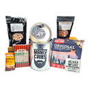 DDR BBQ Supply Manly Cans protein gift can featuring beef jerky, beef sticks, nuts, and a protein bar for outdoor snacks
