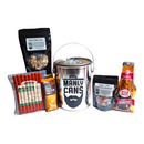 DDR BBQ Supply Manly Cans snack gift set featuring a reusable metal can, beef sticks, trail mix, and assorted nuts.