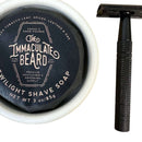 DDR BBQ Supply matte black safety razor next to a container of The Immaculate Beard Twilight shave soap