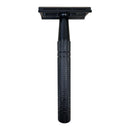 DDR BBQ Supply matte black safety razor with a textured metal handle and open-comb head for a precise shave.