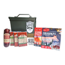 DDR BBQ Supply Manly Cans 50 Cal ammo can filled with assorted beef jerky, meat sticks, and sausage snacks.