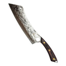 DDR BBQ Supply Spaceman Knives Meteor Series Mega Chef knife with a 12.5-inch blade and dark Pakka Wood handle.
