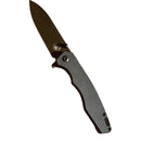The Spaceman Knives Naiad EDC Pocket Knife by Spaceman Knives features a textured silver handle and a partially open titanium-plated blade, shown against a white background.
