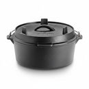 The Napoleon Grills Cast Iron Dutch Oven (56059), a black 6-quart pot with matching lid and metal handles, ideal for BBQ cooking, is shown on a white background.