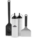 DDR BBQ Supply Napoleon 4-piece griddle cleaning kit featuring a scraper, scouring brush, and two squeeze bottles.