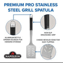 DDR BBQ Supply Napoleon PRO Series stainless steel grill spatula with beveled edges, ergonomic grip, and bottle opener.
