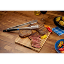 DDR BBQ Supply Napoleon Essential Series stainless steel grill tongs with grooved ends gripping a sliced steak.