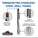 DDR BBQ Supply Napoleon PRO Series stainless steel grill tongs with QuickClick locking and non-slip ergonomic grip.