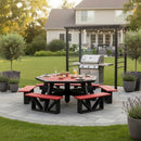 The Kanyon Living Poly Picnic Table Octagonal Red & Black offers stylish, durable seating on a stone patio, paired with a nearby grill under a pergola with string lights and surrounded by potted plants and lawn.